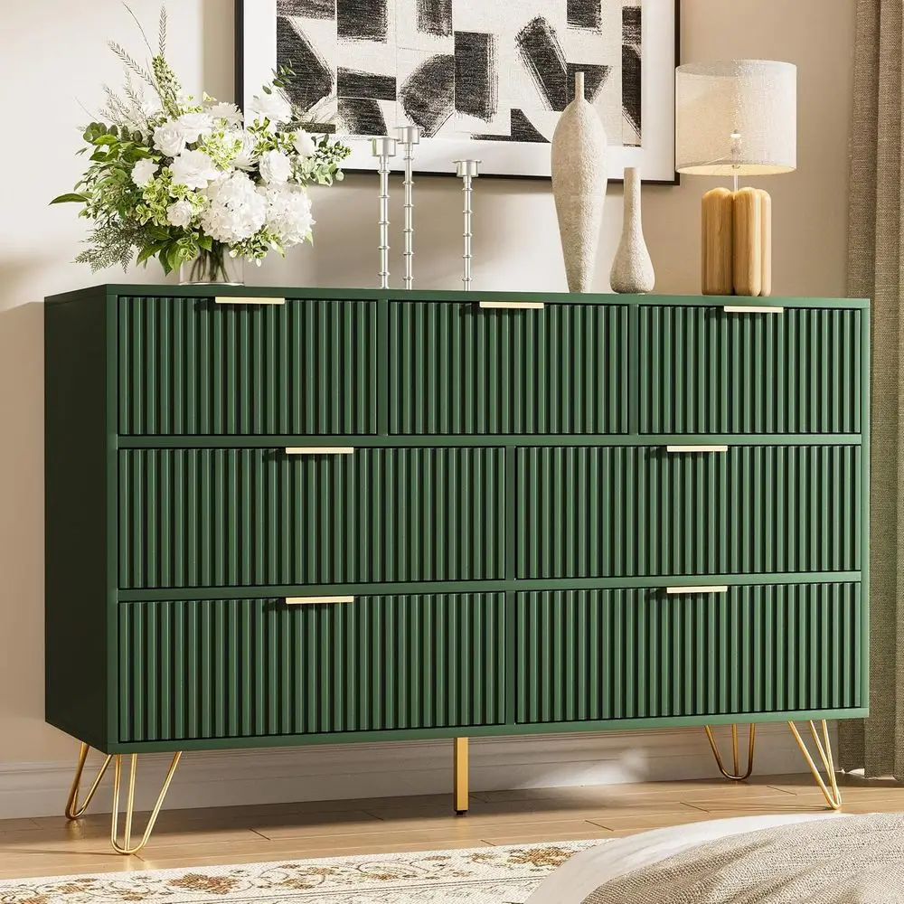 Luxury Bedroom Chest with Gold Handles, 7 Drawers, 15.7 x 47.2 x 31.4, Green