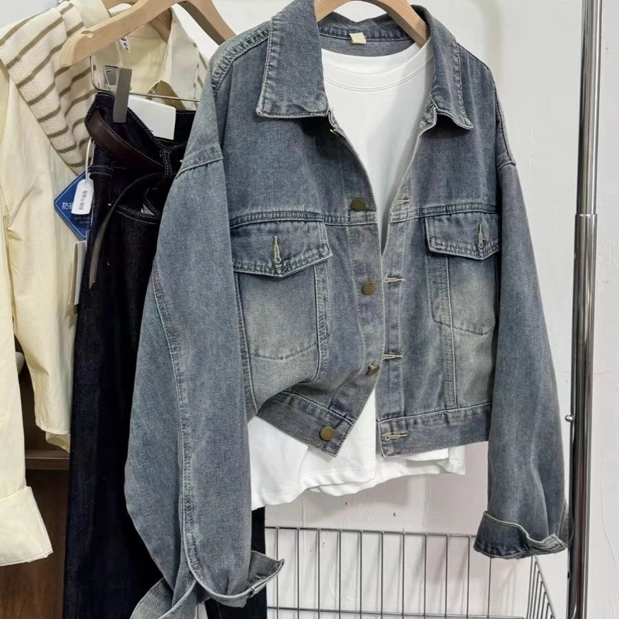 Retro Vintage Short Blue Denim Jacket Women Loose Casual Top Spring Autumn New Style Hong Kong Style Light Blue Outerwear