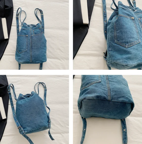 Denim Female Backpacks Casual School backpack for Teenage Girls Luxury Drawstring Women Daypack Bagpack Women Hand Bag Blue sacs
