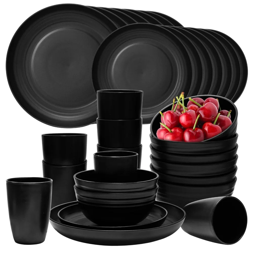 32Pcs Plates and Bowls Sets, Lightweight Plastic Dishes Set for 8, Unbreakable Dinnerware Sets, Reusable Plates Set