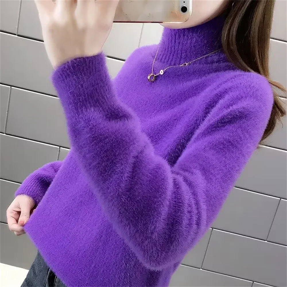 2024 Korean Fashion Autumn Winter Imitate Mink Wool Female Casual Sweater O-neck Long Solid Women Knitted Tops Elastic Pullovers