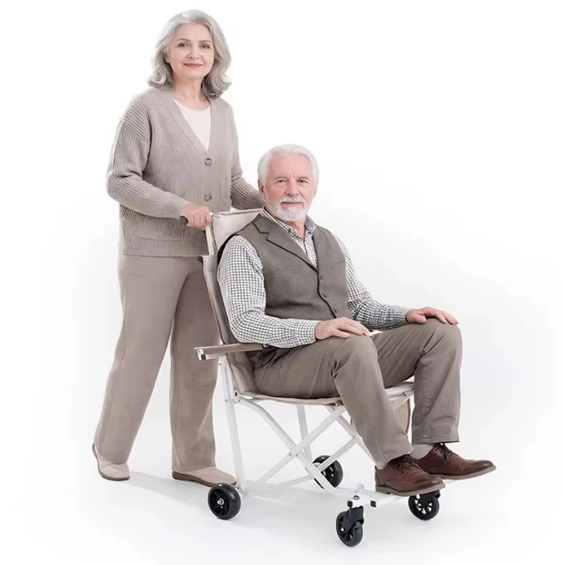 Folding Wheeled Mobility Aid Chair Travel Stroller Trolley for Elderly Portable Lightweight Push Walker Cart Carrier Outdoor Use