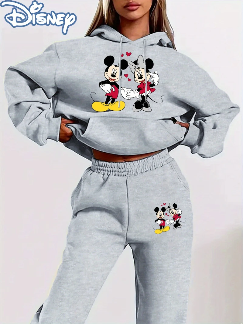 طقم هودي وسروال نسائي من Potdemiel برسومات ديزني ميني ماوس - زي كاجوال مريح مبطن بالصوف مع ميني ماوس وميكي