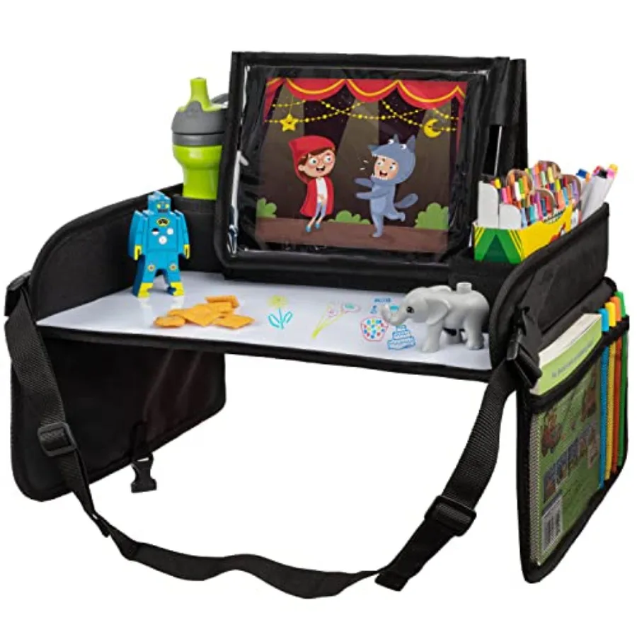 Car Seat Tray - Dry-Erase Lap Desk for Travel Activities - Snack Cup Holder for Car Back Seat Organizer - Tablet Stand for Todd