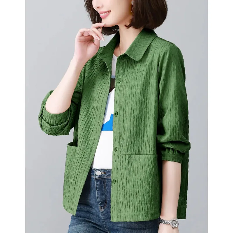 2024 Middle Aged Mother Long Sleeved Shirt Tops Spring And Autumn Female Leisure Outerwear New Ladies Solid Color Blouse Jackets