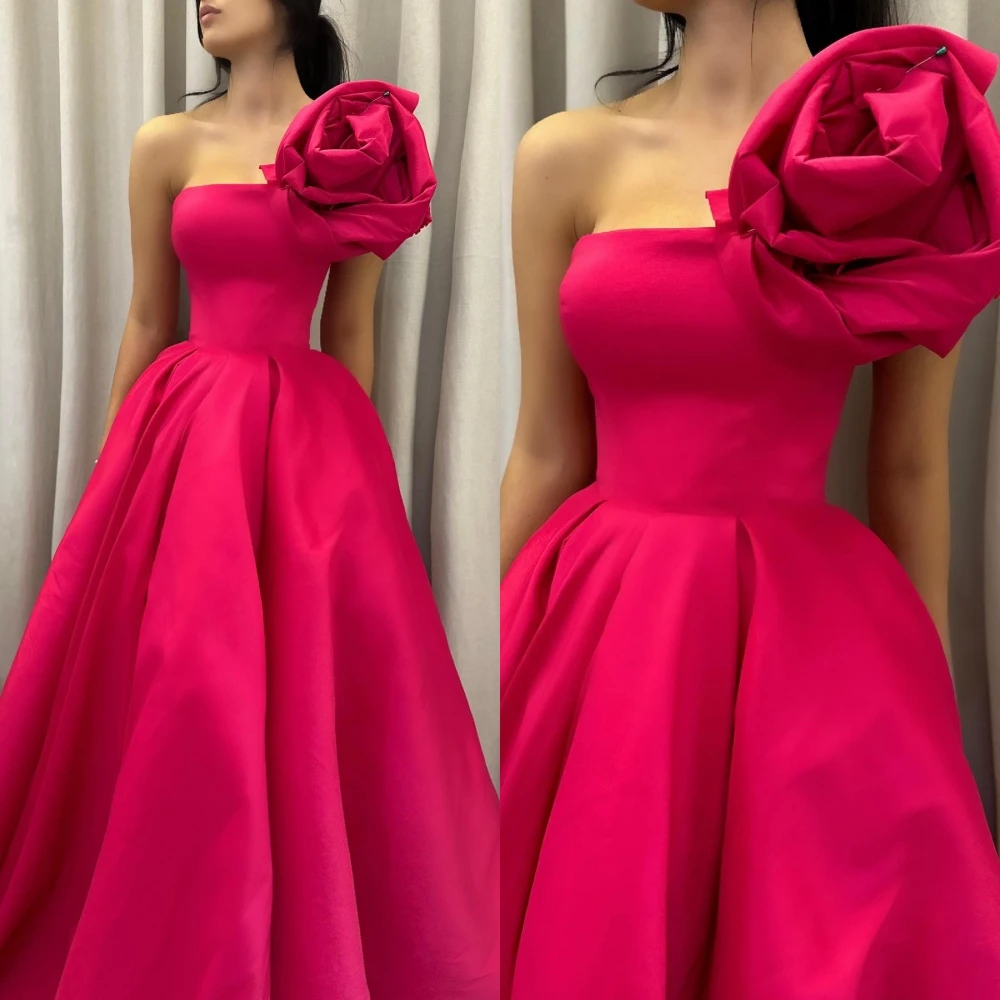 

Modern Style One-Shoulder Ball gown Flowers Draped Floor-Length Satin Bespoke Occasion Dresses Evening