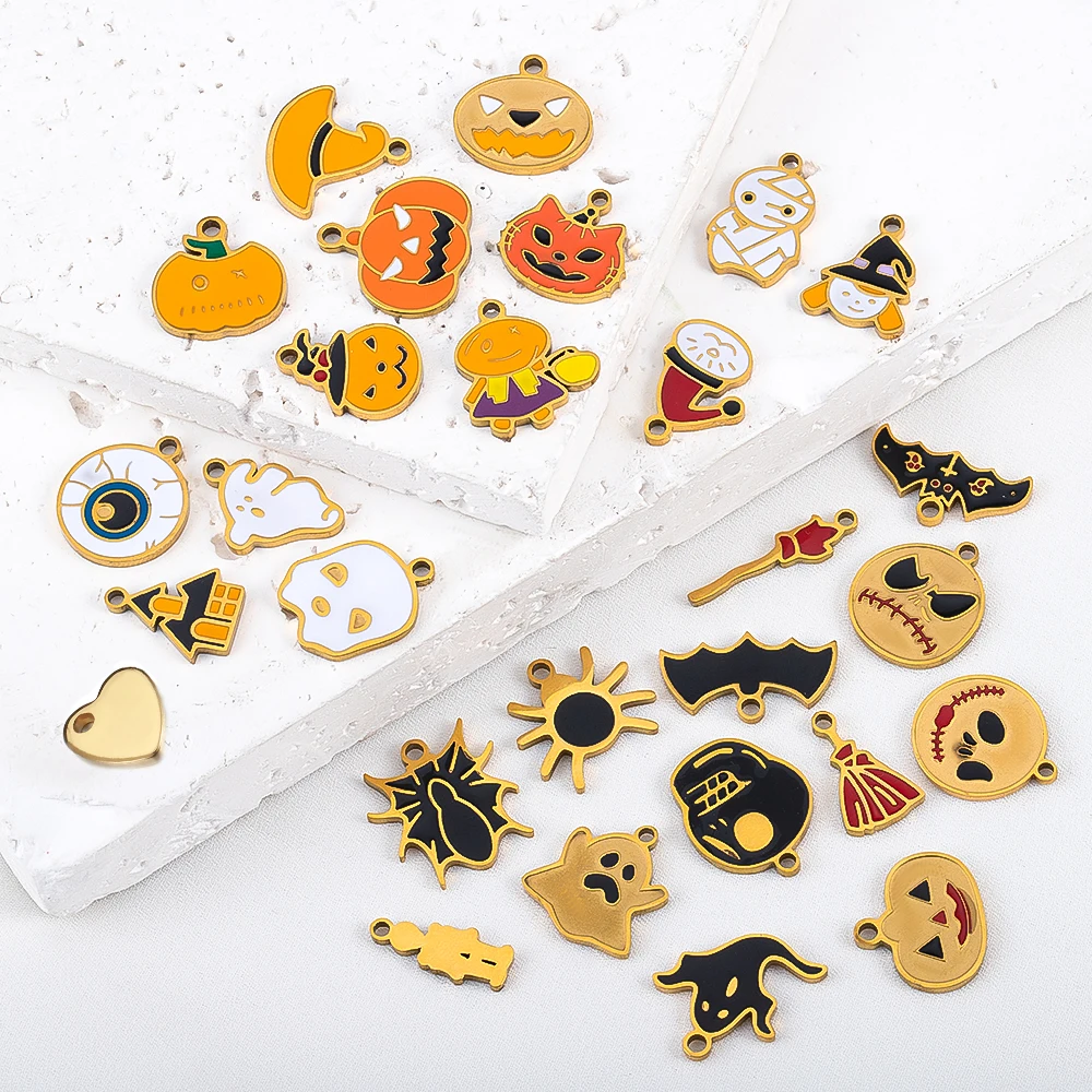 1pc Stainless Steel Halloween Series Pumpkin Imp Bat Pendant for DIY Holiday Party Necklace Bracelet Jewelry Making Accessories