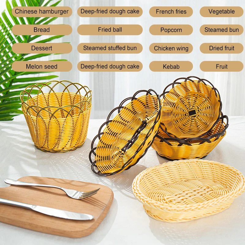 2 أحجام الروطان سلة خبز مستديرة المنسوجة يدويا صينية الشاي طبق تقديم الطعام لحفلات العشاء القهوة الإفطار ديكور المنزل سلة