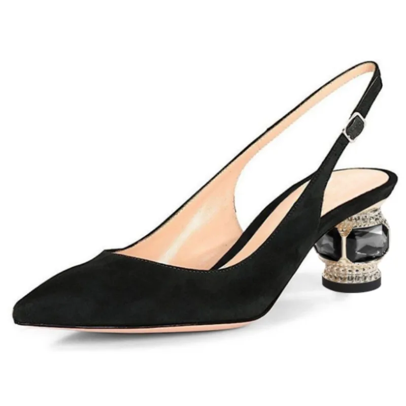 SHOFOO shoes Sexy women's high heels. About 5.5 cm heel height. Crystal heel. Summer women's shoes. Black slingbacks  shoes34-45