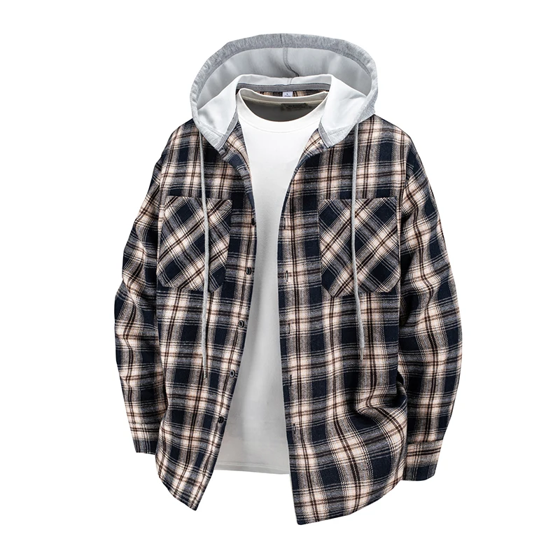 

New Checkered Hooded Shirt Men's Jacket Casual Oversized Streetwear Versatile Shirt Jackets Autumn Streetwear Men Clothing Coats