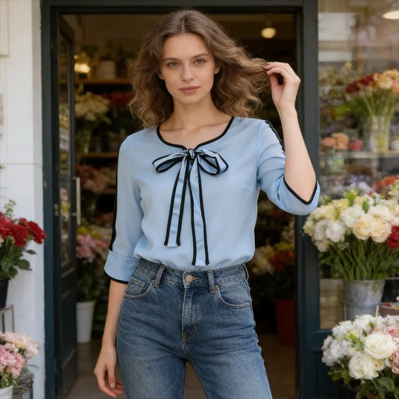 

Chic Korean Contrasting Color Lace Up Sweet Casual Half Sleeved lady Shirts 2026 Summer Fashion New Women's Casual Chiffon Tops