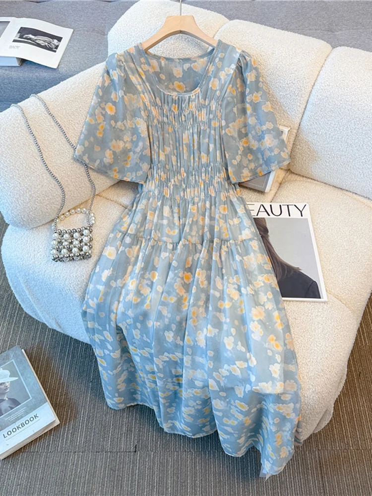 Summer 2025 plus Size Women's Dress Loose High Waist Print Long Dress Robe Elbise Big Flower Korean Style Dress for Fat MM