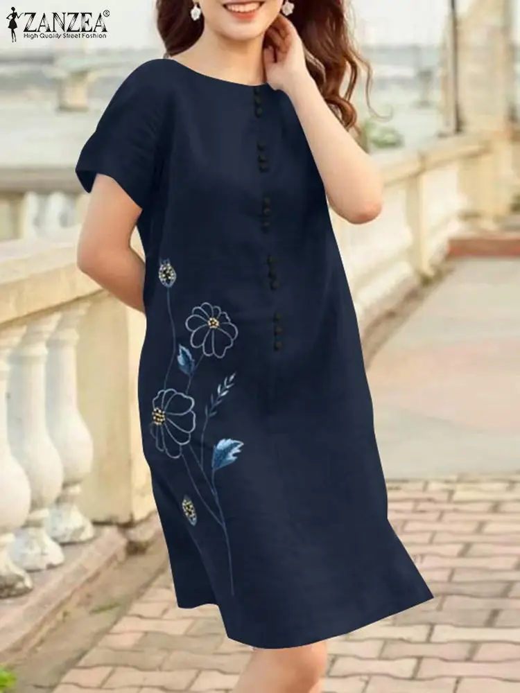 

2023 ZANZEA Summer Vintage Holiday Dress Women Casual Embroidery Print Short Sleeve Knee-length Sundress Solid Color Loose Robe