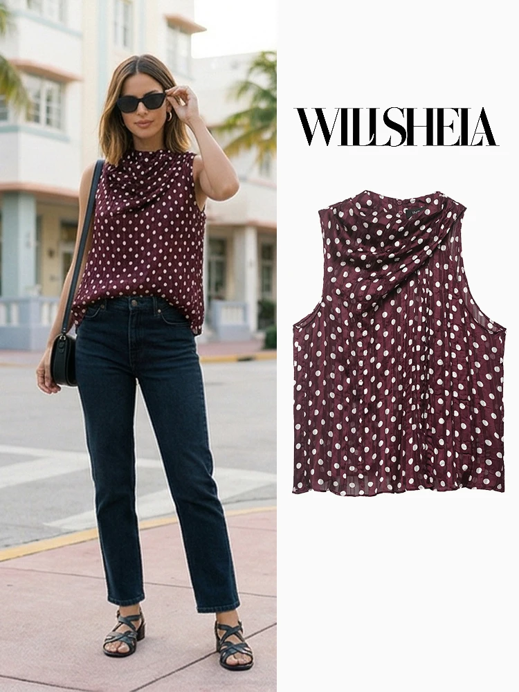 Willshela Women Fashion Purple Dot Pleated Back Button Tank Tops Vintage O-Neck Sleeveless Female Chic Lady Tops