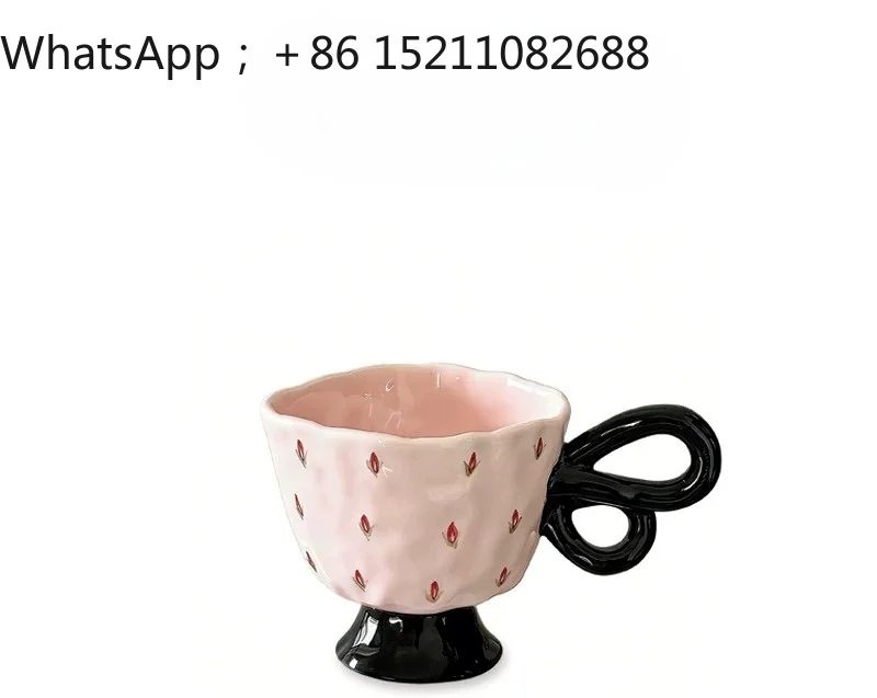 LLY retro handmade pink floral butterfly handle medieval mug water cup ceramic coffee cup