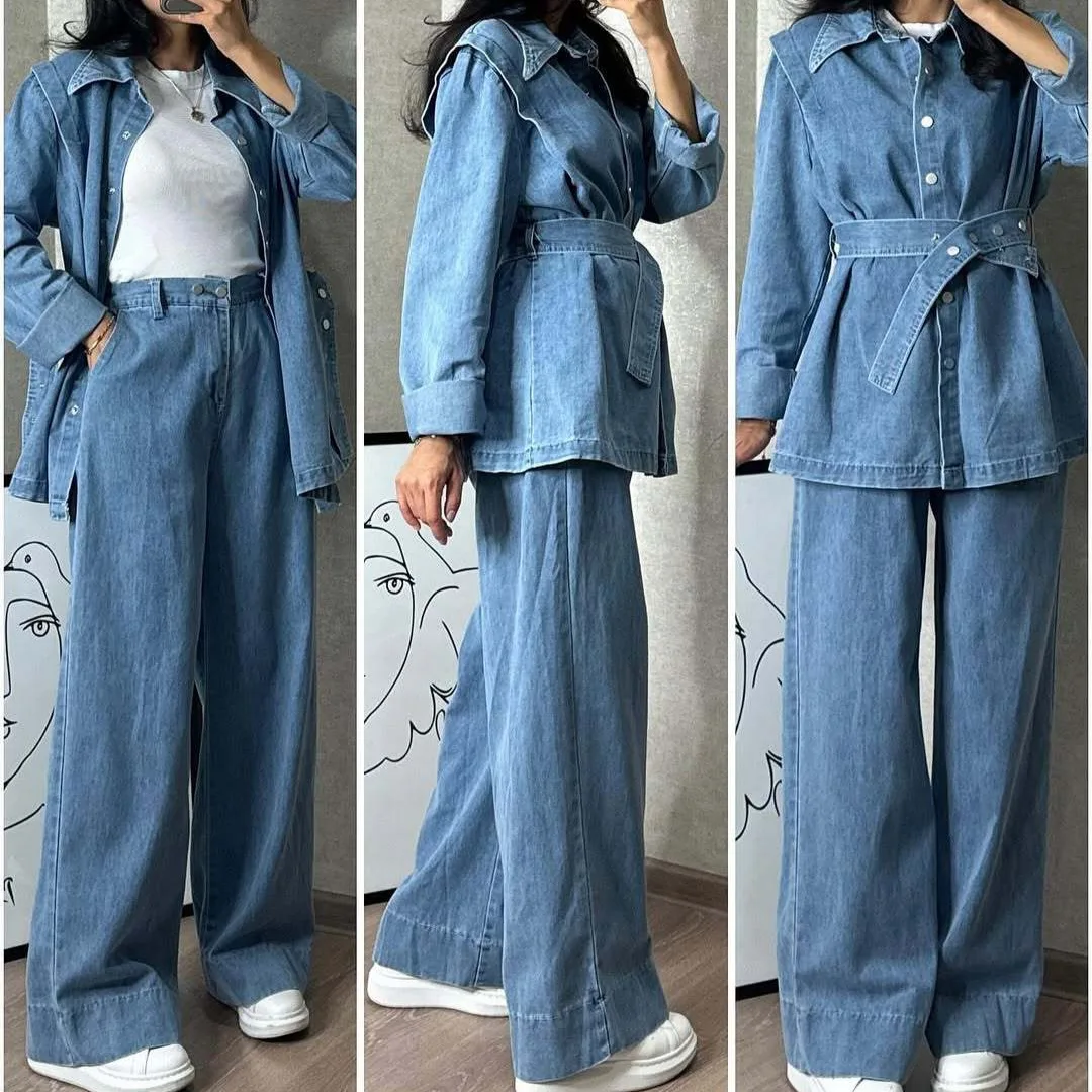 

Jeans 2 Piece Set Women Denim Jacket Wide Leg Pants Suit Single Breasted Sashes Washed Outfits 2025 Autumn Streetwear Ensemble