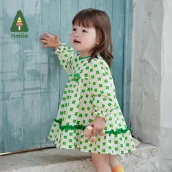 Amila Baby Girl's Dress 2024 Spring New High Quality Cotton Breathable Printed Short Sleeve Dresses for Kids