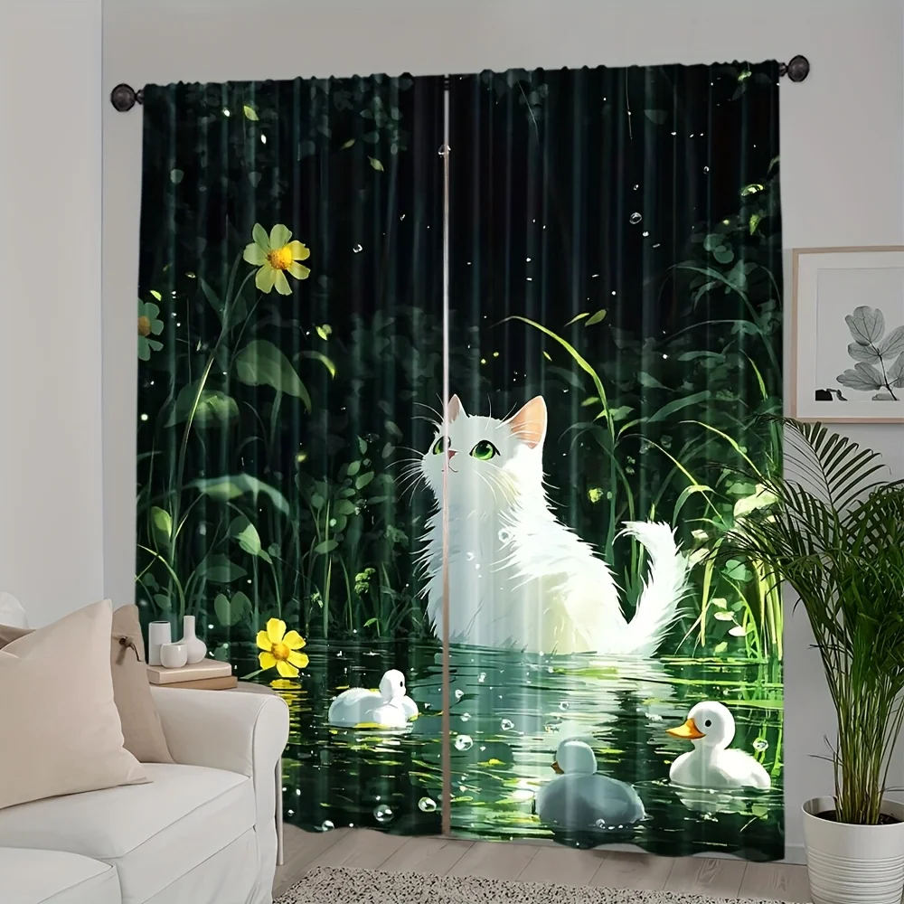 Two Pieces Featuring Art Deco Style White Cats And Ducks Set Against a Lush Green Pond Backdrop, Made of Polyester, Designed for