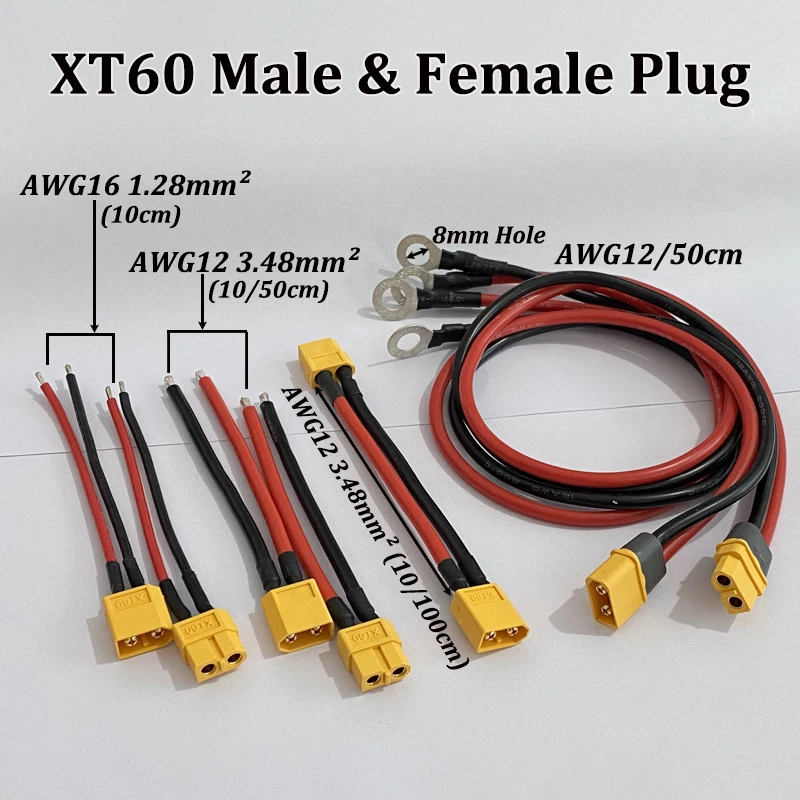 XT60 Male Female Cable AWG12/16 10-100cm 8mm Hole Copper Lug Adapter Cord For RC FPV Drone Car Boat Lithium Battery ESC Charging