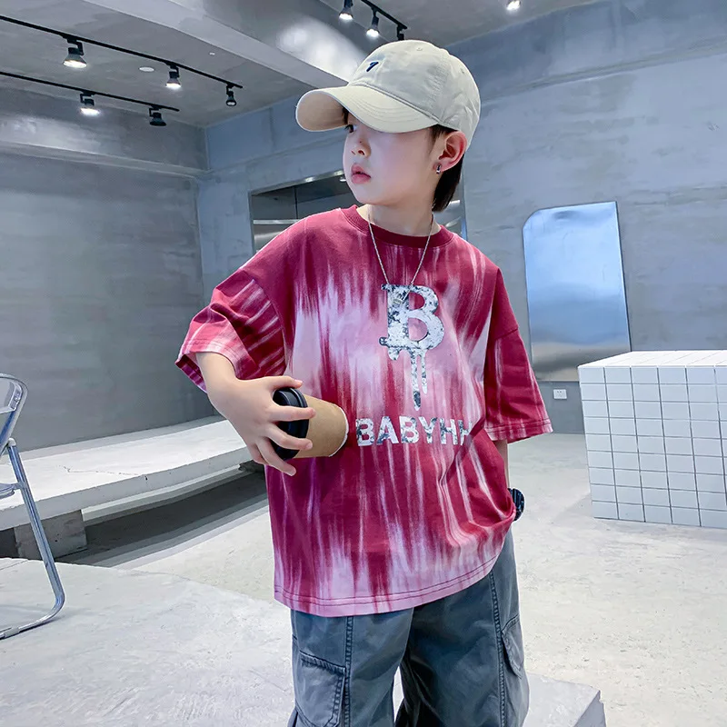 

Boys' Summer Tie-Dyed Short-Sleeved CottonTT-shirt2024New Children's Boys' Summer Clothing Fried Street Loose Half Sleeve Top