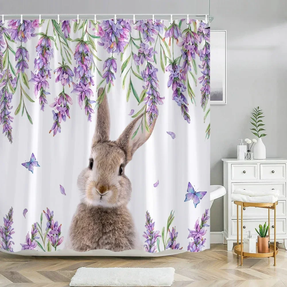 Easter Funny Bathroom Shower Curtain Happy Rabbit Bunny Waterproof Removable Bath Shower Curtains Farmhouse Stall Bathtub Decor