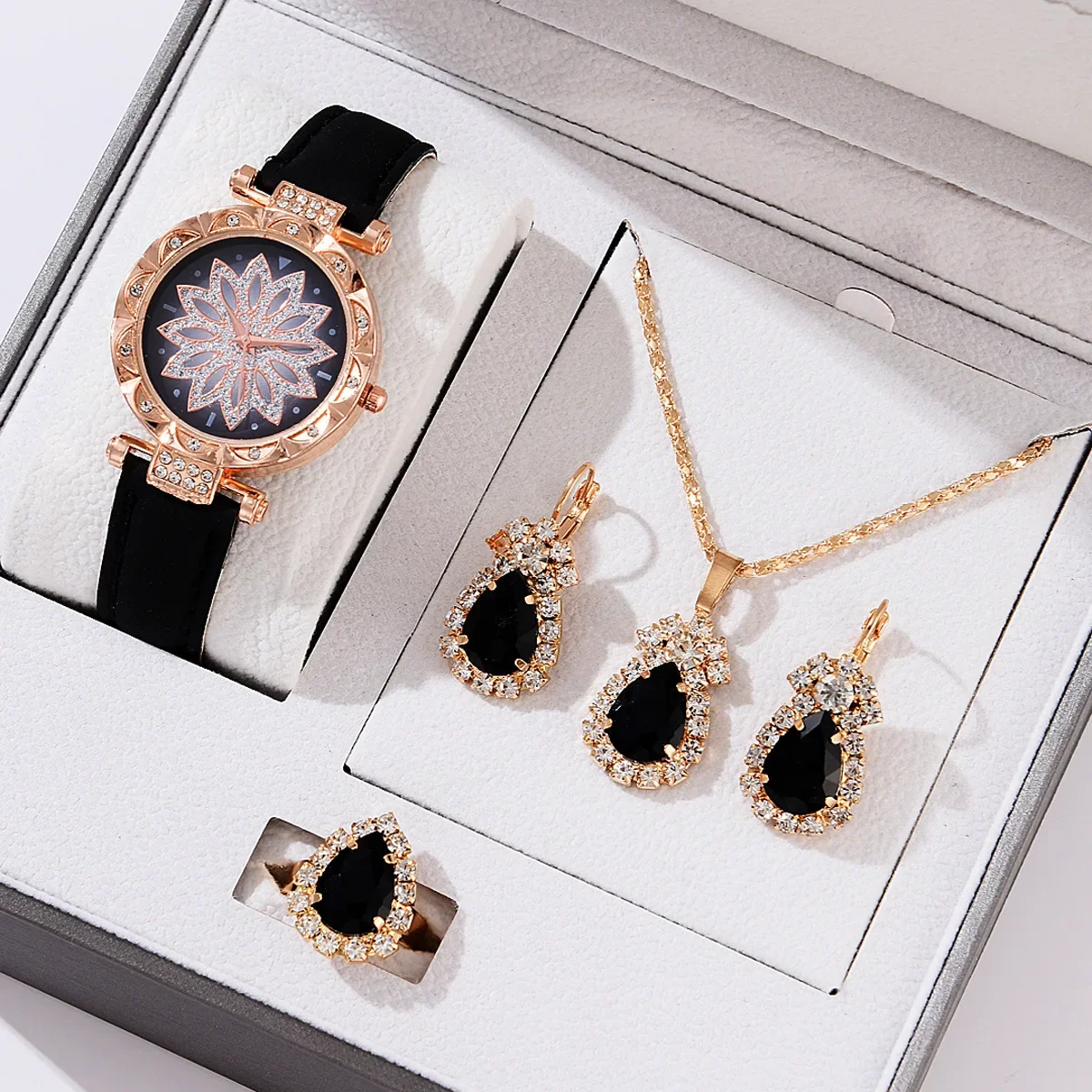 Ladies' Light Luxury Fashion Set Watch Leather Strap Necklace Earrings Jewelry Simple Leisure Bracelet Hot Selling Gift Set