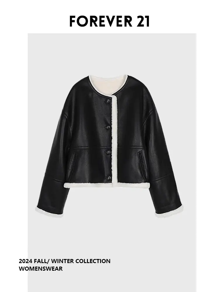 

Женское пальто Forever 2 из искусственной кожи с круглым вырезом, в американском ретро-стиле, с отделкой из овечьей шерсти, длинное, для повседневной носки, осень-зима