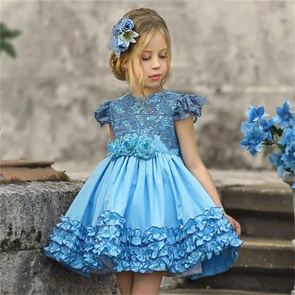 Elegant Lace Printing Fluffy Mini Bow Leak Princess Flower Girl Dresses Wedding Party Ball First Communion Gowns Kids Gift