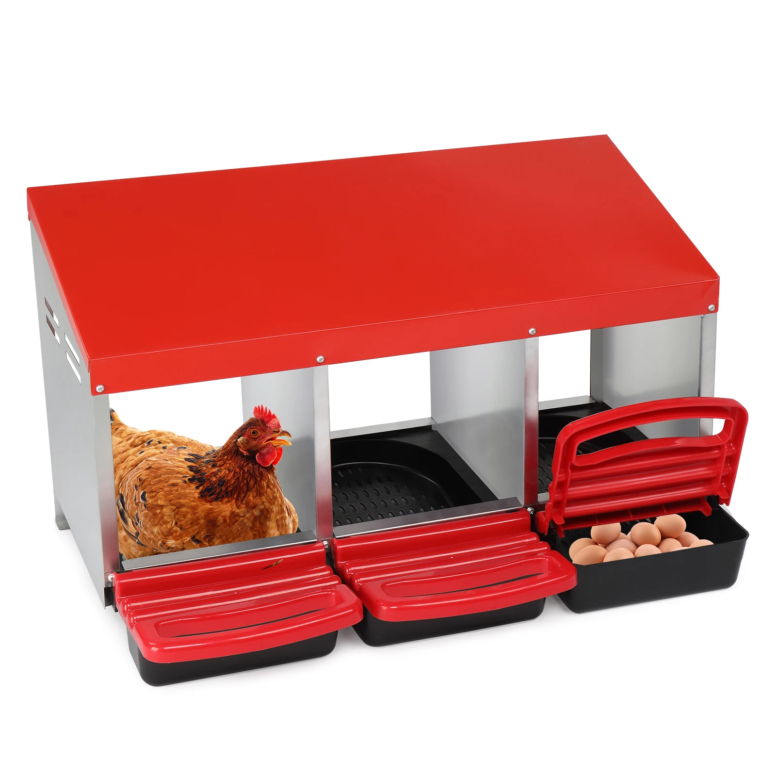 3 Compartment Roll Out Chicken Nesting Box with Plastic Basket, Egg Nest Box Chicken Laying Box Hens Chicken Coop Box
