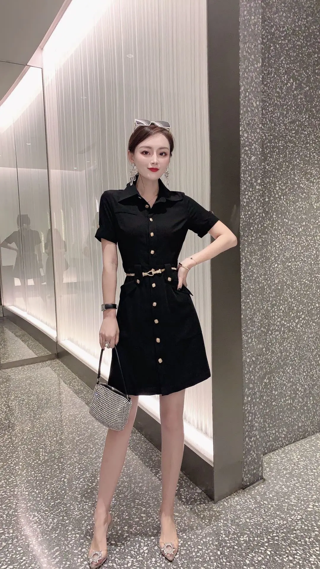 

Autumn And Winter New 2023 Women's ClothingMid-Length Lapel Short Sleeve Slim Dress 1014