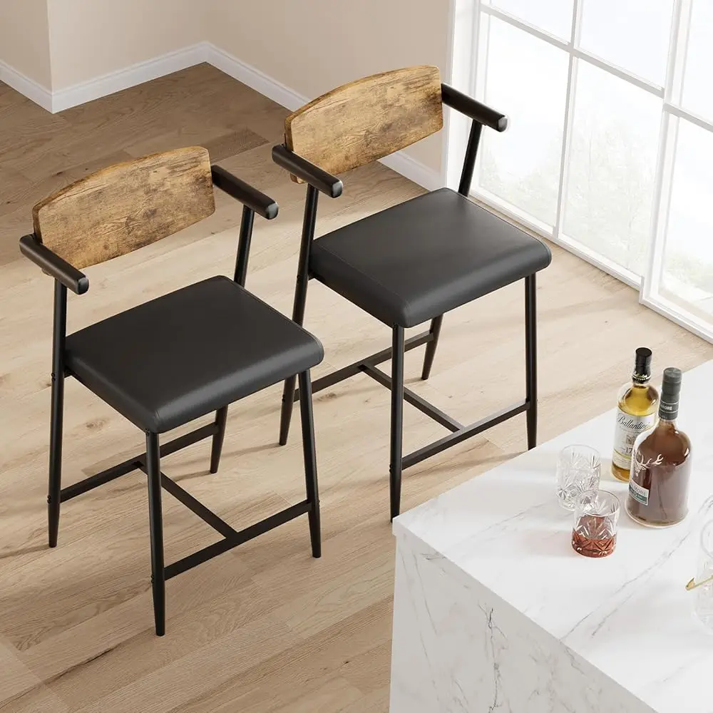 Bar Stools Set Of 2 With Armrests, Counter Height Bar Stools Set With Footrest & Wood Back, Metal Barstools Set With Wide