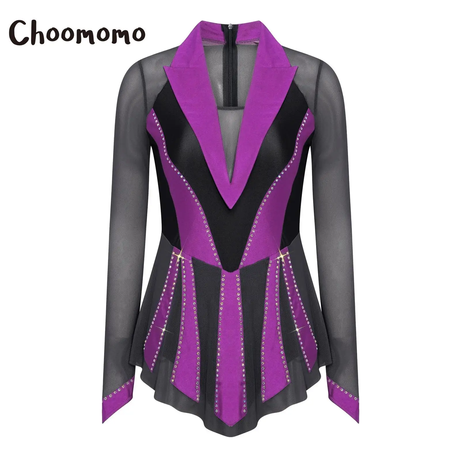

Women Figure Ice Skating Dresses Glittery Rhinestone Lyrical Dance Dress Long Sleeve Sheer Mesh Ruffle Ballet Gymnastics Leotard