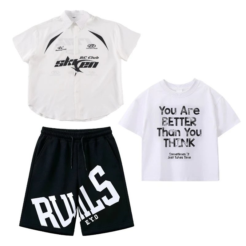 

Boys Jazz Stage Costume White Shirt Black Shorts Kpop Performance Clothes Set Girls Hip Hop Dance Outfit Group Street Dance Suit