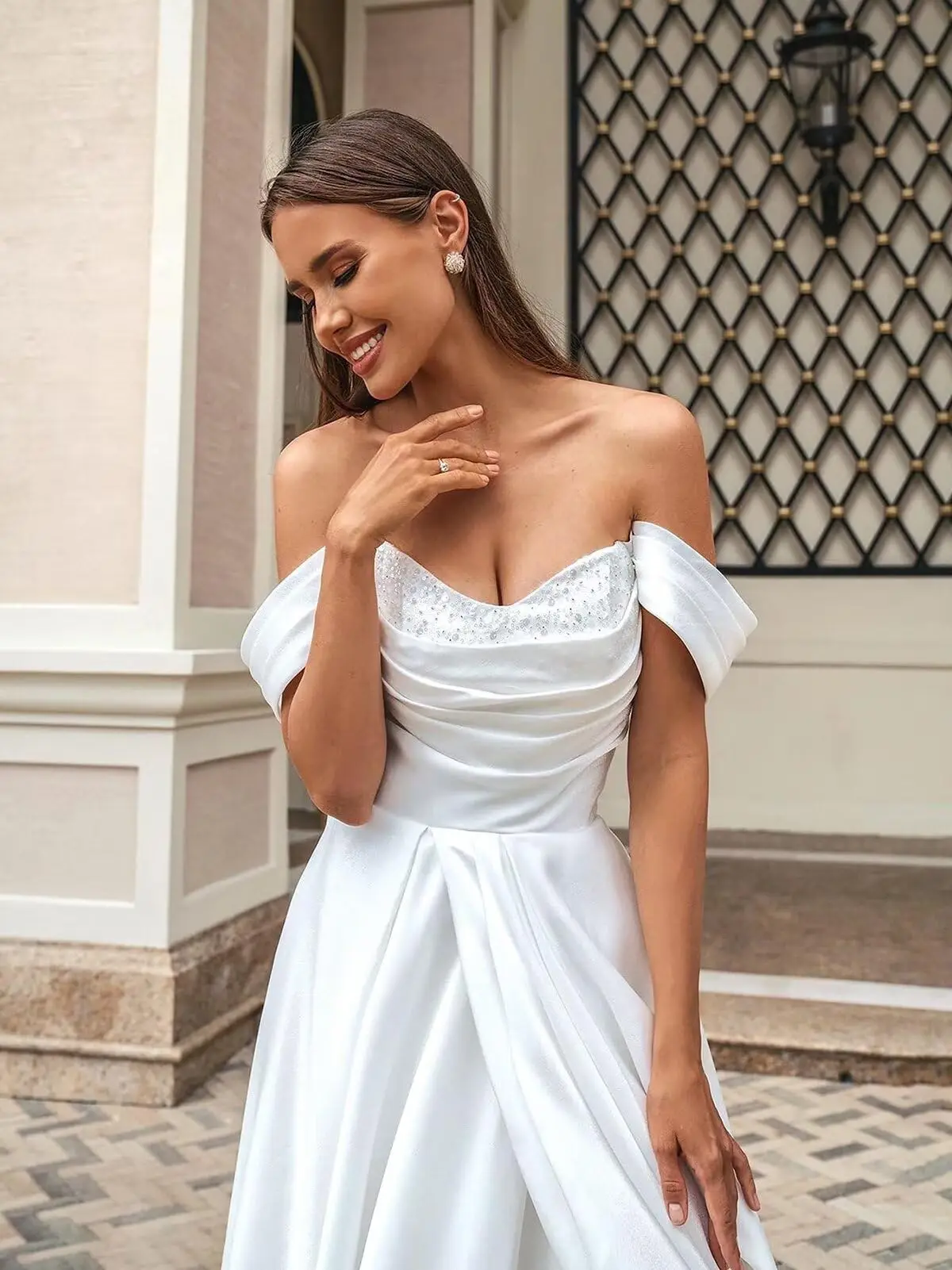 Vestidos de novia con hombros descubiertos, línea A, vestidos de baile fruncidos para mujer, vestido formal largo de satén