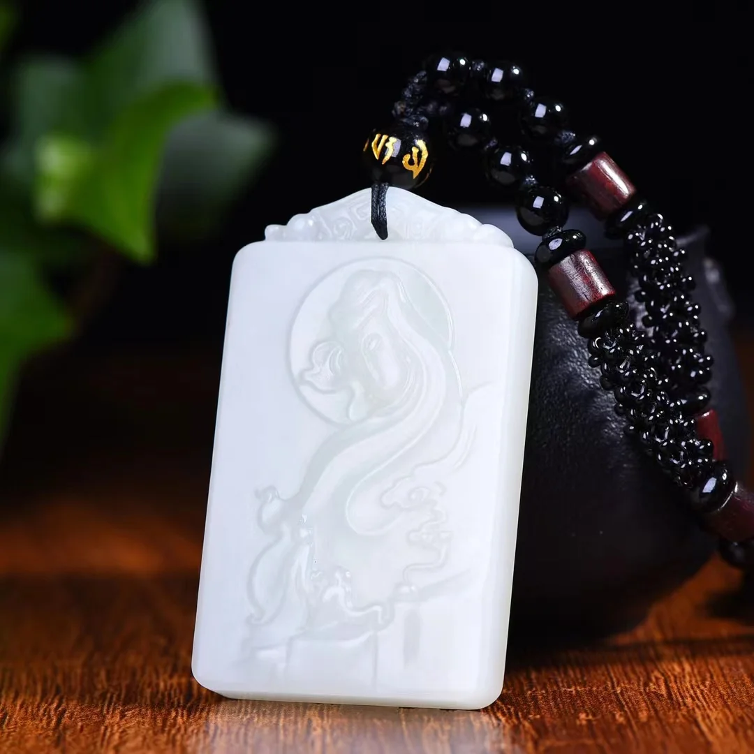 Exquisite Hetian Jade Boy Worshiping Guanyin Pendant Jewelry 3711#