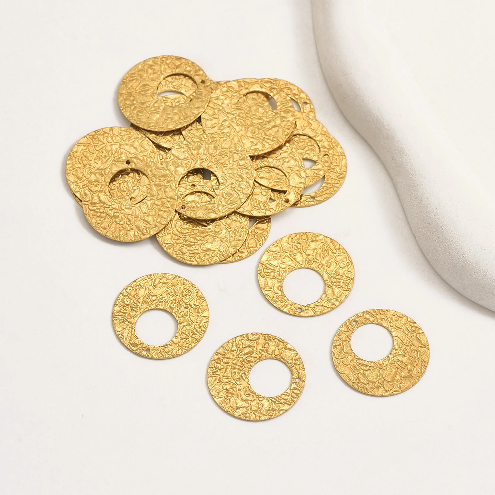 10pcs Brass Natural Color Single Hole Double-Sided Hammered Pattern Hollow Geometric Disc DIY Earrings Jewelry Accessories