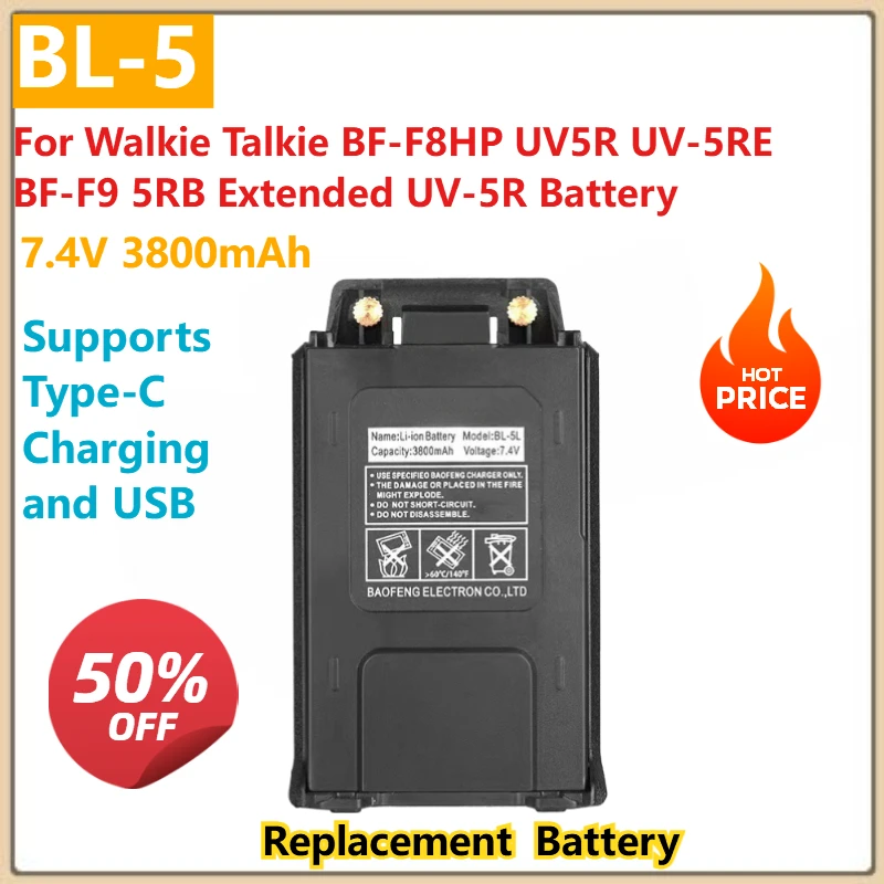 

Для рации BF-F8HP UV5R UV-5RE BF-F9 5RB расширенный аккумулятор UV-5R BL-5 7,4 В 3800 мАч поддерживает зарядку типа C и USB