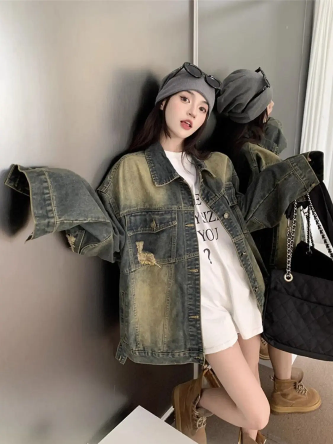 معطف الدنيم اللون البني المرأة الصيف الحياكة بالون صغير الأكمام مفتوحة الجبهة الهيب البوب جيوب أبلى الطبقات متجدد الهواء خفيفة الوزن #1