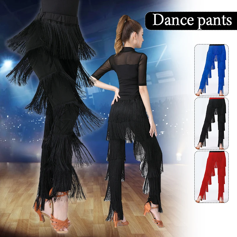 Women Latin Dance Pants Ballroom Tango Cha-Cha Samba Trouser Tassel Fringe Dance Pants Practice Stage Performance Costume