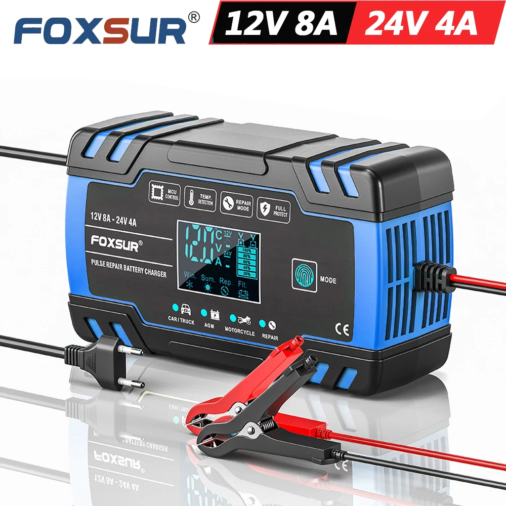 FOXSUR FBC122408D 12V 8A 24V 4A Pulse Repair Charger with LCD Display Battery Charger AGM Deep Cycle GEL Lead-Acid Charger