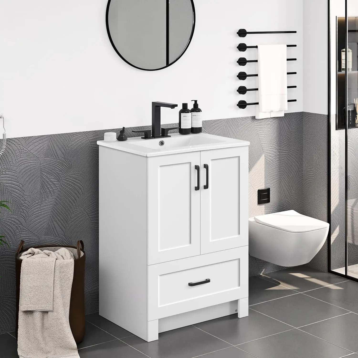 Modern Bathroom Vanity with Ceramic Basin, Undermount Vanity Sink Cabinet with 2 Doors and 1 Drawer, Free Standing Customized
