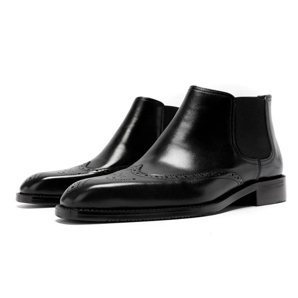 Vintage Brogue Carved Boots for Men Genuine Top Layer Cowhide British Style High Top Casual Pointed Toe Ankle Boots