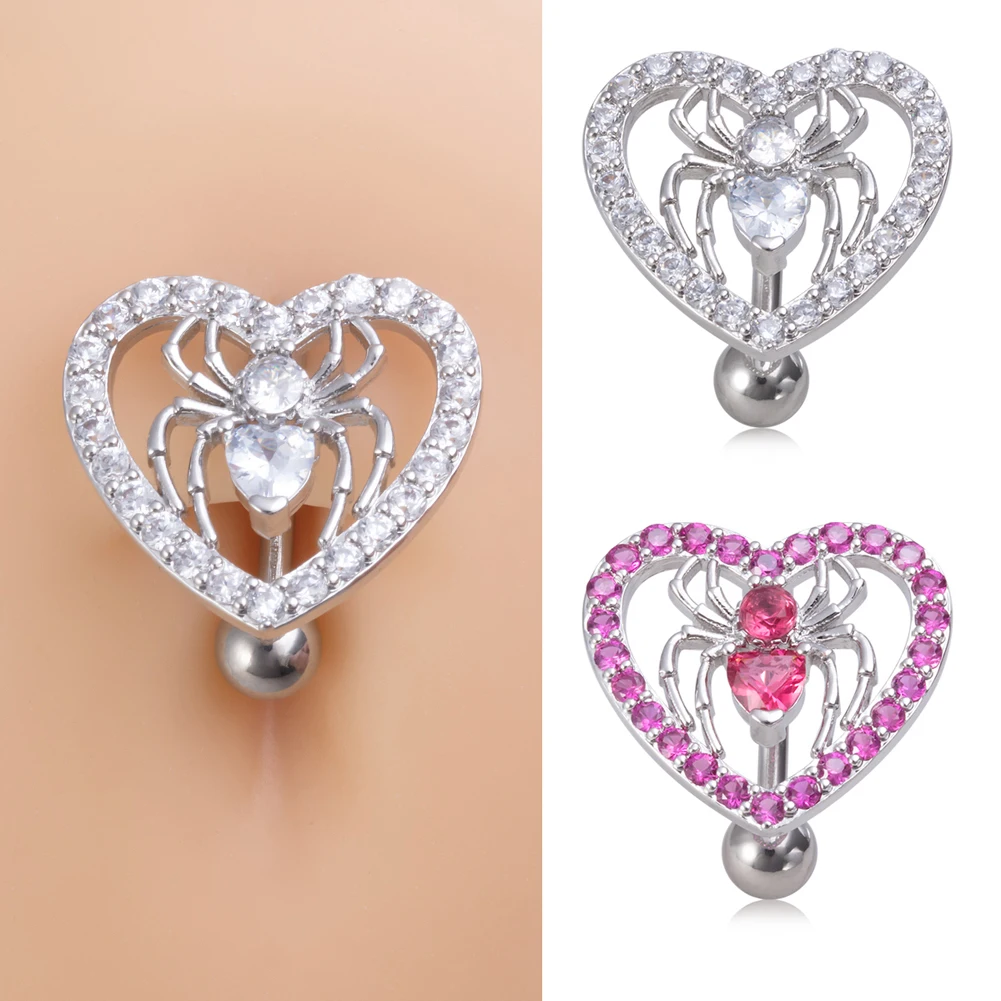 Heart Spider Pierc Belly Button Ring for Women Surgical Steel Clear Pink Zircon Reverse Curved Navel Piercing Body Jewelry 14G