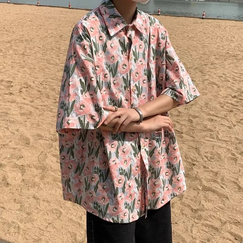 

Mens Summer Hawaiian Floral Print Short Sleeve Shirt Loose Casual Beach Streetwear Blouse