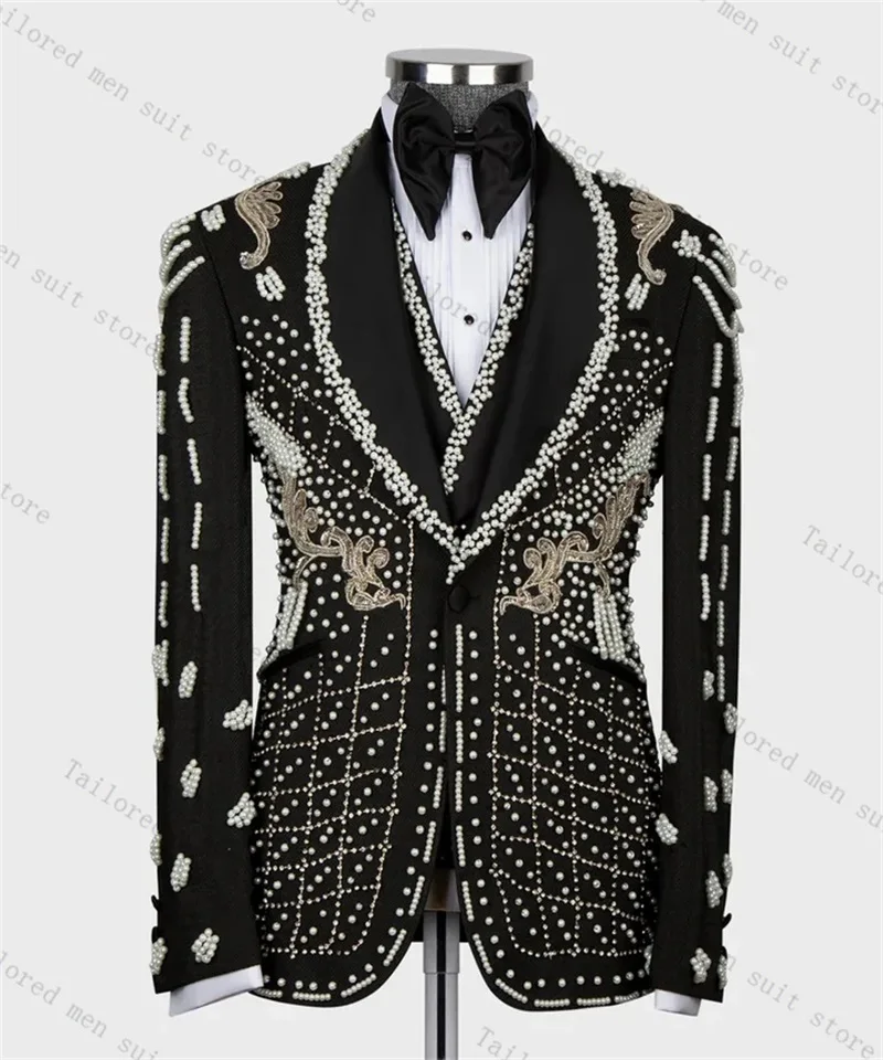 

Luxury Crystals Men Suits Pants Set 2 Pcs Blazer+Trousers Cotton Black Wedding Tuxedos Prom Jacket Formal One Button Coat