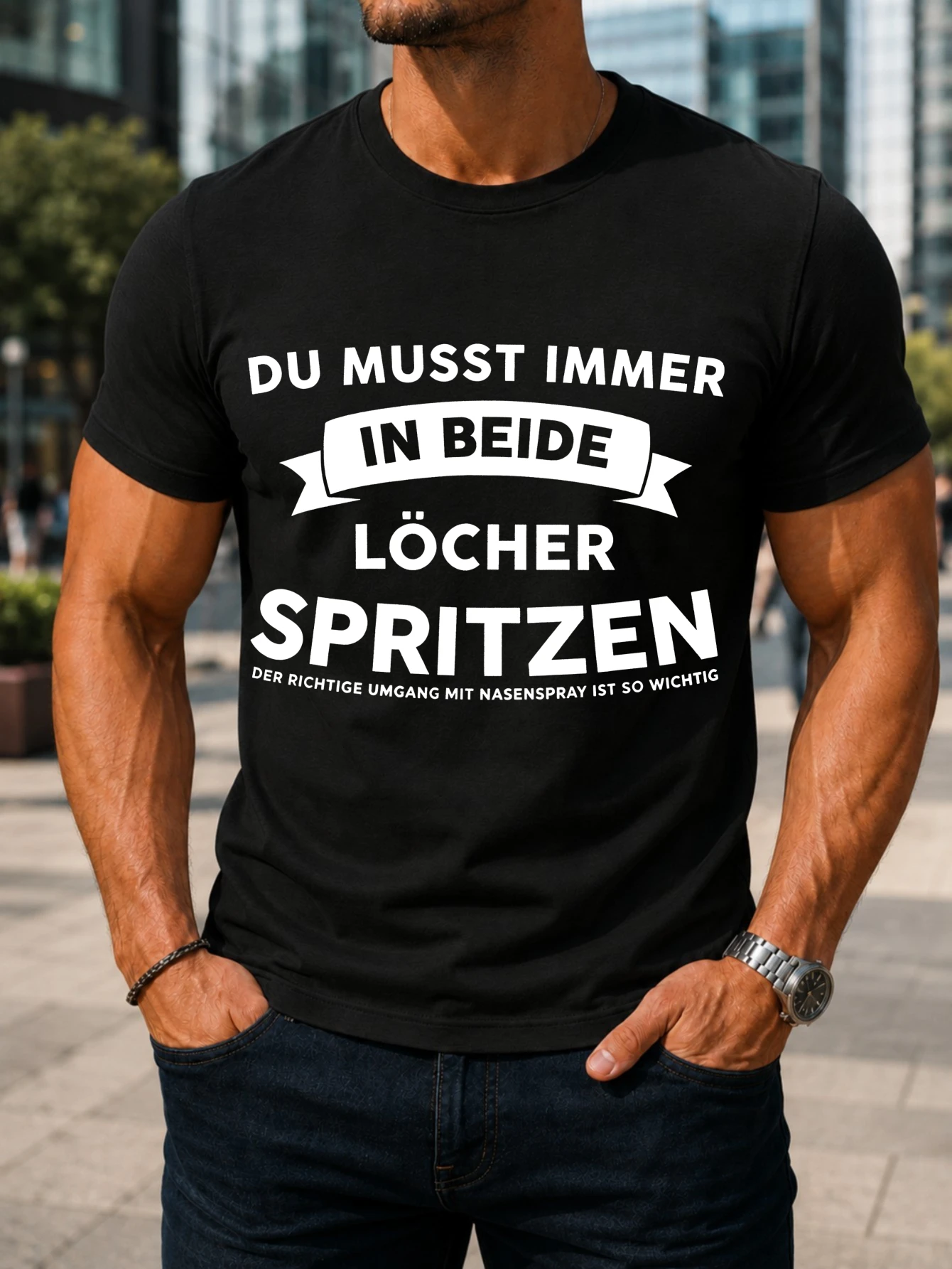 Spray nasal allemand : Vous devez toujours pulvériser dans les deux narines - Texte en gras - Style humour médical - Unisexe - T-shirt unisexe