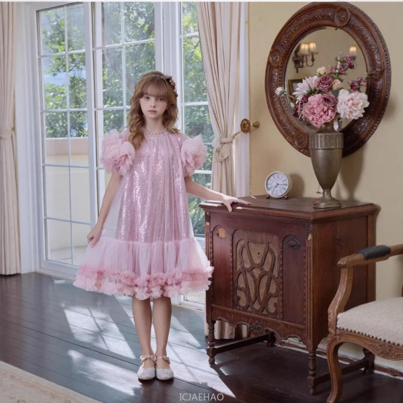 

Party Dress Costume 2025 New Children Girls Puff Sleeve Tulle Cake Dresses Birthday Party Kids Cute Fashion Outfit Princess Gown
