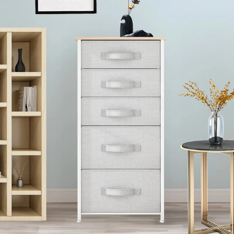 

5-Drawer Fabric Dresser Storage Tower, Light Grey, Modern Bedroom Organizer for Adults & Teens