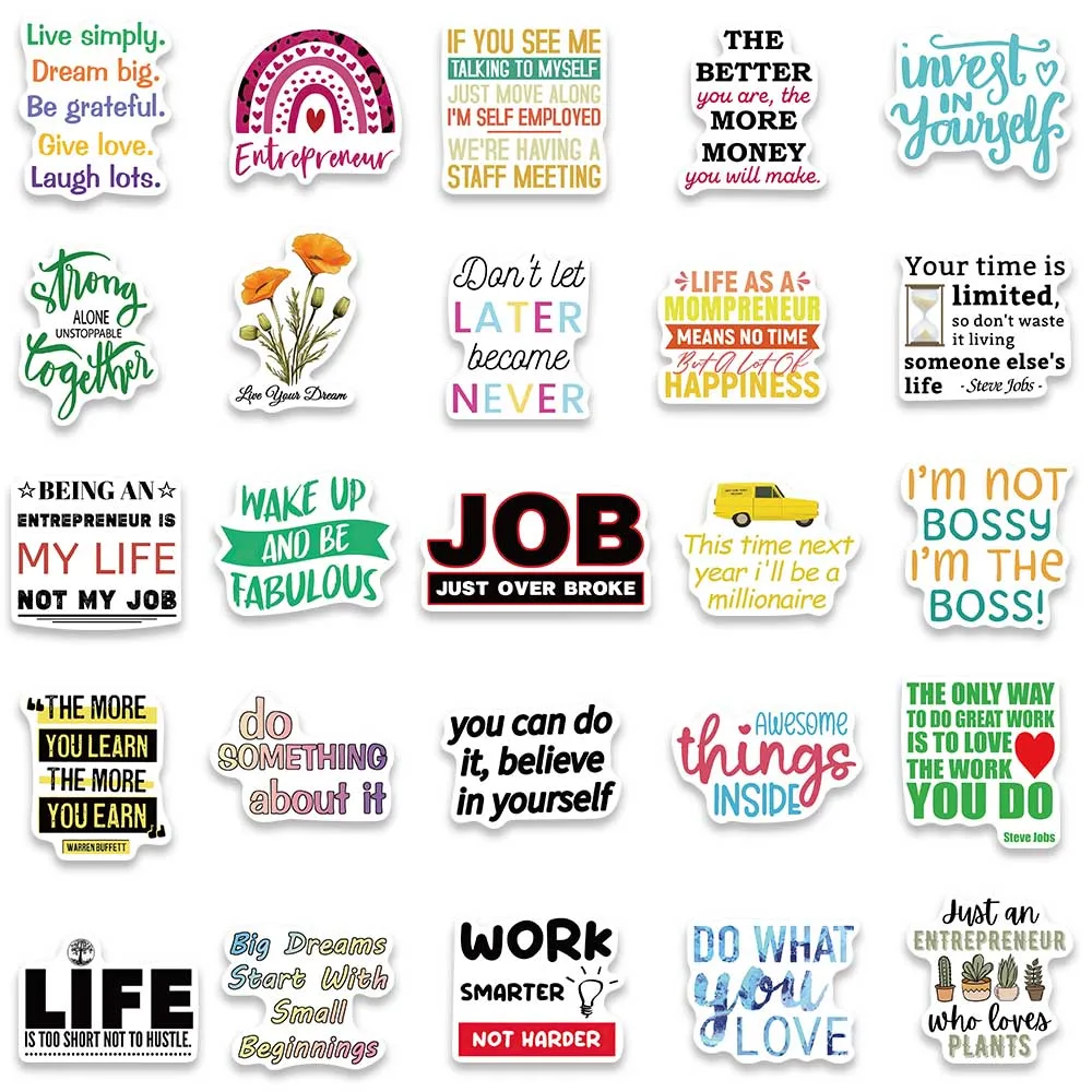 50pcs Entrepreneur Quotes Stickers Vinyl Waterproof Graffiti Decals For Laptop Luggage Skateboard Scrapbook Fridge Sticker