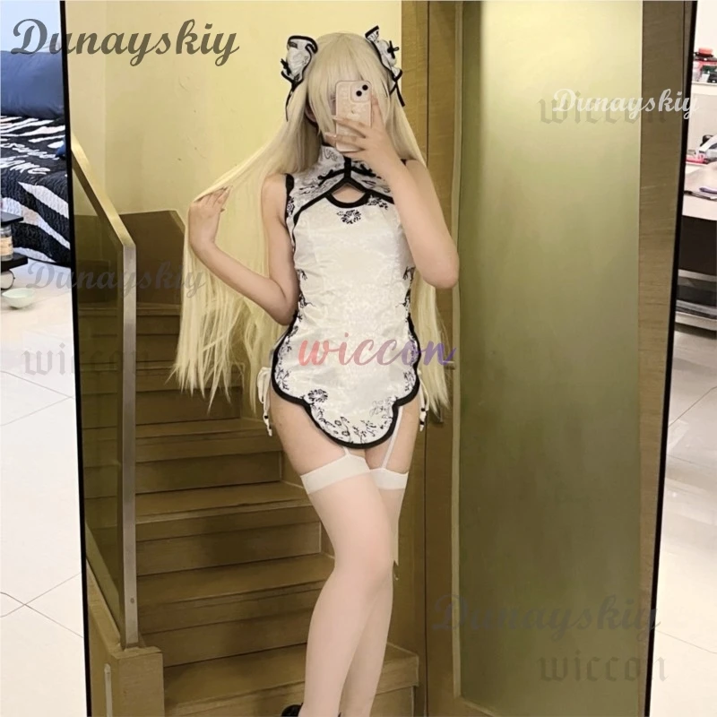 Kasugano Sora Cosplay Hollow Lace Cheongsam Bandage Pajamas High Slit Yosuga No Sora Lingerie Traditional Chinese Qipao Dress